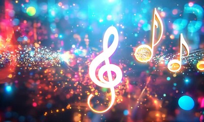 Neon musical background with musical notes.