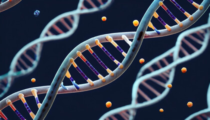 Glowing DNA strands on a dark background.