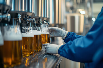 Craft beer pouring process in a vibrant brewery during the late afternoon hours