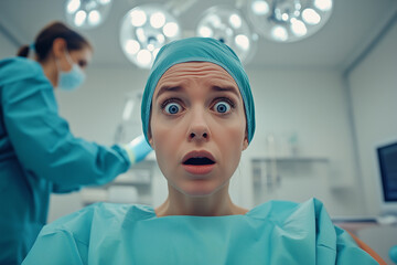 A startled patient in teal surgical attire awaits treatment in a sterile operating room