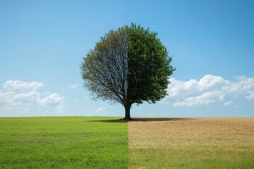 Fototapeta premium Striking Duality A Single Tree Illustrates the Contrast of Climate Change , ai