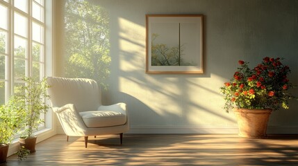 Fototapeta premium Cozy interior with a chair, artwork, and potted flowers.
