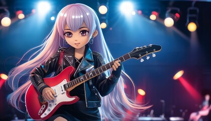 Obraz premium An anime girl with a punk rock style, playing an electric guitar on stage 