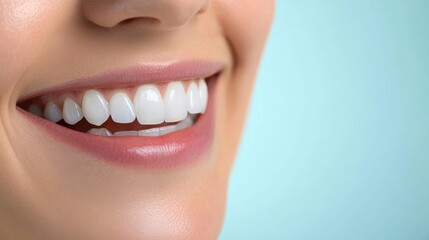 Obraz premium A close-up shot of a woman's bright smile, featuring perfectly aligned white teeth, with a light blue background enhancing the image's clarity.