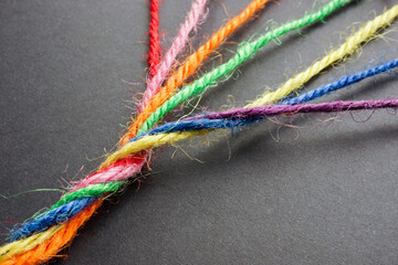 Colorful threads twisted into a single rope. Diversity and inclusion.