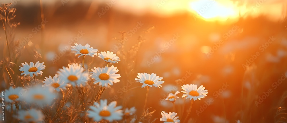 Wall mural Daisies in a field at sunset