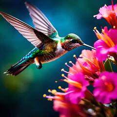 Obraz premium A bird perches a flower with its beak ai generated