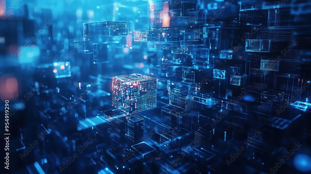 Aufkleber abstract futuristic digital network with glowing cubes and lines - technology background