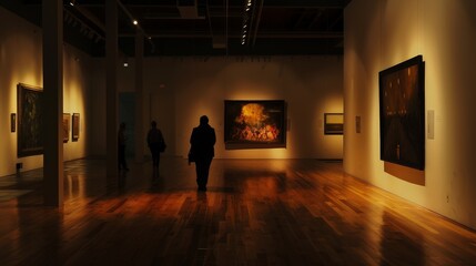 The ambient lighting in the art gallery, with its focused spotlights and soft shadows, created a calm and contemplative environment.