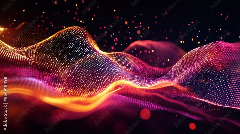 Poster abstract wavy background with glowing lights and bokeh effect.