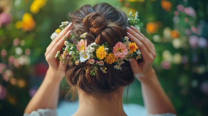 Naklejka premium Back view of a woman with flowers in her braided hair in a garden