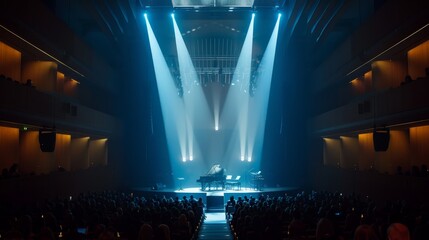 The ambient lighting of the concert hall, with its soft, focused beams, created an intimate and captivating atmosphere.