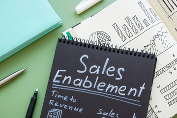 Dark notebook with notes on sales enablement.