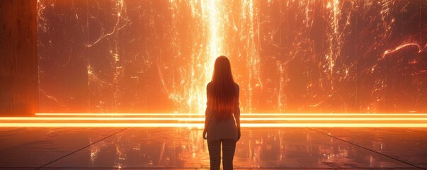 Woman standing before a glowing, futuristic digital cityscape at night. Free copy space for text.