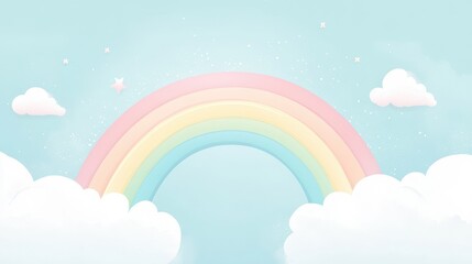 Pastel Rainbow and Clouds - Dreamy Baby Blue Sky Illustration.