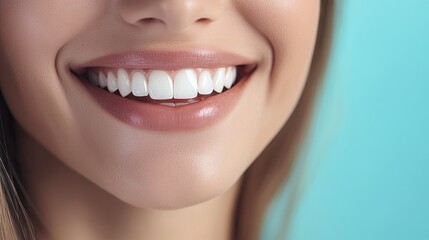 Fototapeta premium A detailed close-up of a woman's radiant smile, featuring perfectly aligned white teeth, with a soft light blue background.