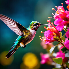 Fototapeta premium A bird perches a flower with its beak ai generated