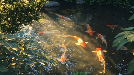 Koi Fish Swimming in Pond with Sunlight.