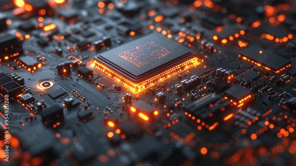 Poster glowing cpu chip on motherboard - computer hardware technology concept