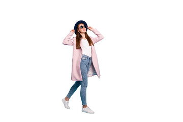 Full size photo of lovely pretty girl in eyewear eyeglasses having free time walking looking into...