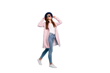 Full size photo of lovely pretty girl in eyewear eyeglasses having free time walking looking into sky having fun wearing pink retro coat denim jeans isolated over blue background