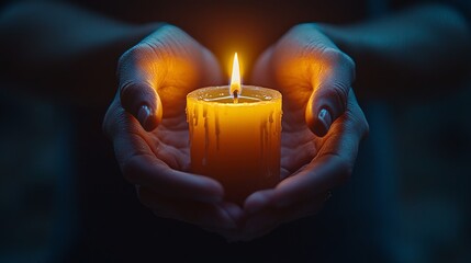 Hands holding a glowing candle in the darkness with a warm glow