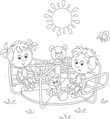 Funny little girl and boy with their cheerful puppy playing and swinging on a toy swing on a summer playground in a park on a sunny day, black and white vector cartoon illustration for a coloring book