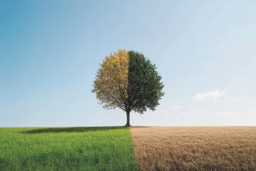 Obraz premium Striking Duality A Single Tree Illustrates the Contrast of Climate Change , ai