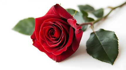 Single Red Rose on White Background.