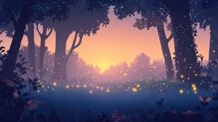 Fototapeta premium Magical Summer Night Forest with Fireflies and Silhouetted Trees.