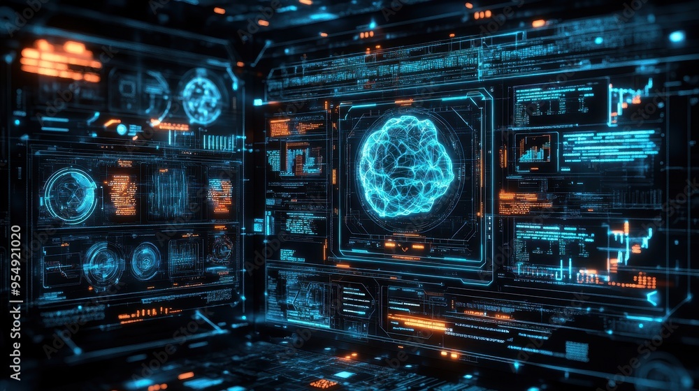 Poster futuristic digital interface with blue and orange glowing screens and data visualization.