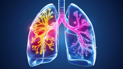 Digital representation of human lungs illuminated in vibrant colors, showcasing advanced medical technology and anatomy.