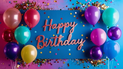 Birthday greeting with balloons and confetti