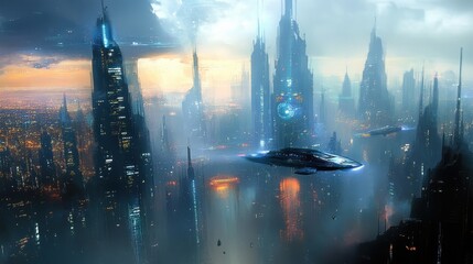 Obraz premium Futuristic Metropolis at Dusk with Hovering Spacecraft