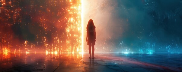 Woman standing before a glowing, futuristic digital cityscape at night. Free copy space for text.