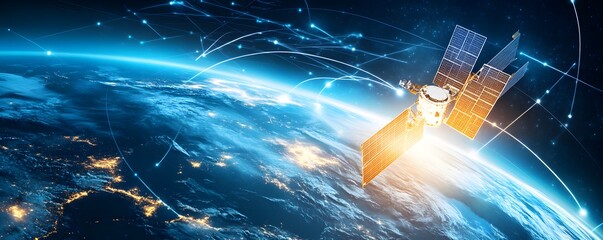 Satellite in Orbit Around Earth with Network Connections.