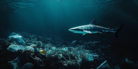 Fototapeta premium Shark swimming near ocean floor, surrounded by plastic pollution, marine life threatened by human waste, deep-sea environment, selective focus 
