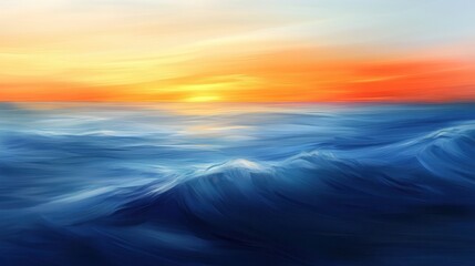 Obraz premium Abstract Ocean Sunset Painting with Blue Waves and Golden Sky