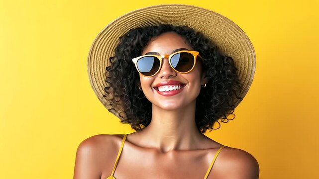 portrait of a smiling woman in sunglasses and a sunhat highlights her positive and vibrant demeanor, set against a bright backdrop that enhances the feeling of summer or leisure