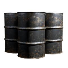 Three Rusty Metal Barrels on a Black Background