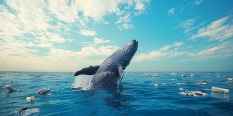 Fototapeta premium Whale leaping out of the ocean with a plastic item nearby, illustrating the threat of pollution to marine animals, clear sky background, selective focus, copy space