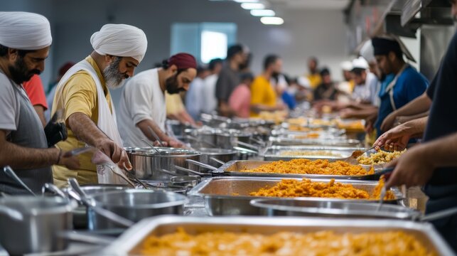 Bustling Sikh Temple Kitchen Preparing Langar Communal Meal

