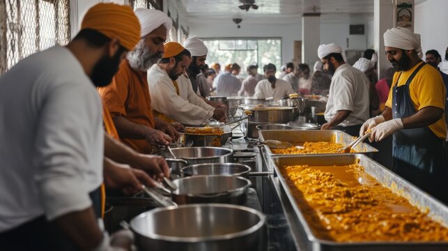 Bustling Sikh Temple Kitchen Preparing Langar Communal Meal
