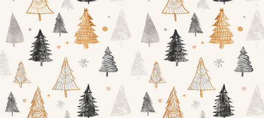 Seamless pattern of hand-drawn festive Christmas trees shapes in various sizes, paper, white background