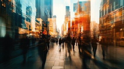 Fototapeta premium Abstract Blurry Cityscape with Silhouettes of People Walking on a Sidewalk