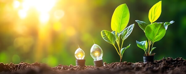 Light Bulb and Plant Growing in Soil.