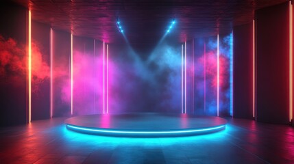 Futuristic Neon Light Stage Platform with Smoke and Glowing Lines - 3D Rendering.