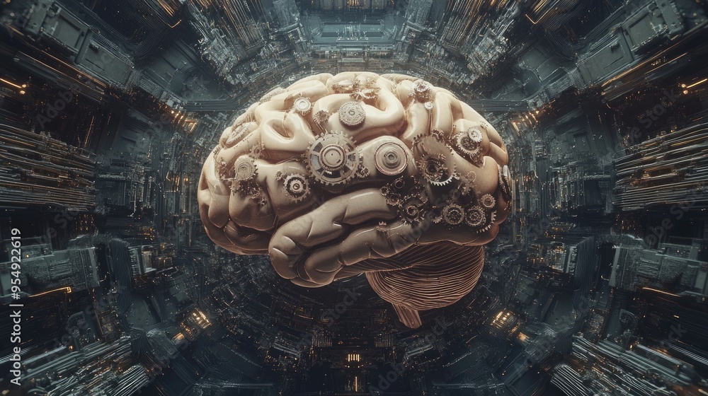 Aufkleber a futuristic brain surrounded by gears and circuits, capturing the essence of artificial intelligenc