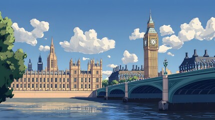 Fototapeta premium 10. **Illustrate Big Ben and the Houses of Parliament in London, with the iconic clock tower rising above the River Thames.**