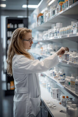 A pharmacist in a white coat, arranging medications on a shelf in a pharmacy, with a well-organized and clean environment.